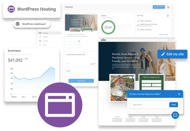 Screenshots of Vendasta’s WordPress hosting platform featuring an intuitive dashboard with uptime monitoring, ecommerce analytics, live website editing, and customer chat support. Includes WordPress dashboard elements, a site preview, and editing tools.