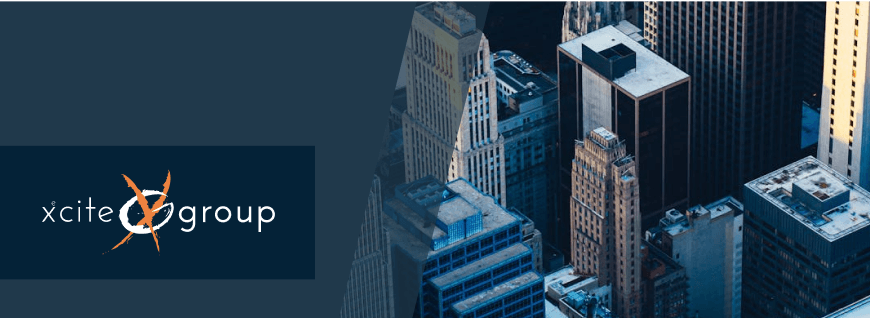 Urban skyline with logo overlay.