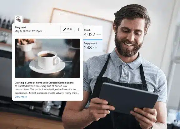 Coffee shop owner reviewing social performance