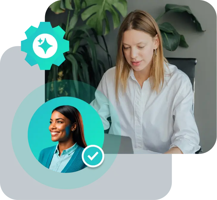 A Vendasta expert sets up an AI receptionist, with an avatar overlay and gear icon symbolizing automation and trust.