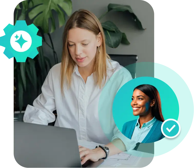 A Vendasta expert sets up an AI receptionist, with an avatar overlay and gear icon symbolizing automation and trust.