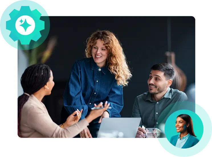 Three team members collaborate at a laptop, supported by Vendasta’s AI receptionist overlay, showcasing expert-led setup.