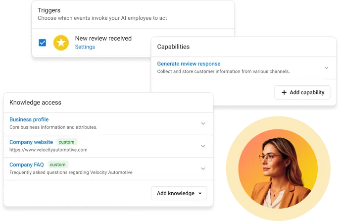 AI Reputation Specialist configuration screen showing review triggers, knowledge sources, and capabilities like review generation.