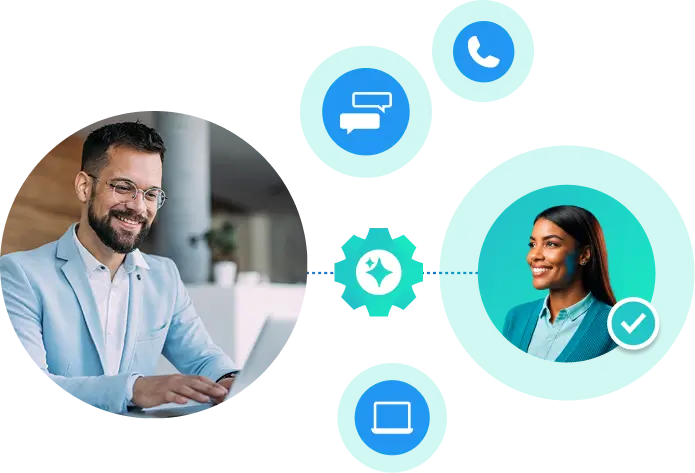 A professional smiles at a laptop while AI receptionist icons for chat, phone, and web seamlessly connect customer channels.