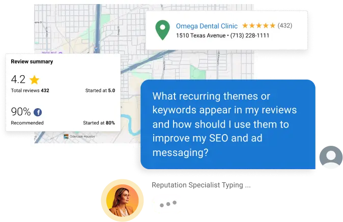 A review summary, business location, and chat question asking how to use review themes to improve SEO and messaging, guided by the AI Reputation Specialist.