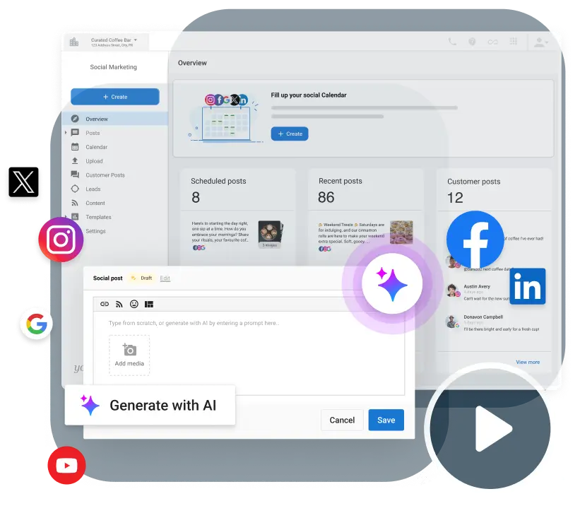 Vendasta Social Marketing dashboard showing AI content generation, multi-platform scheduling, and social media analytics