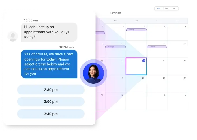Simulated chat showing the AI Inside Salesperson offering available time slots to a customer, overlaid on a calendar view to illustrate real-time appointment booking.