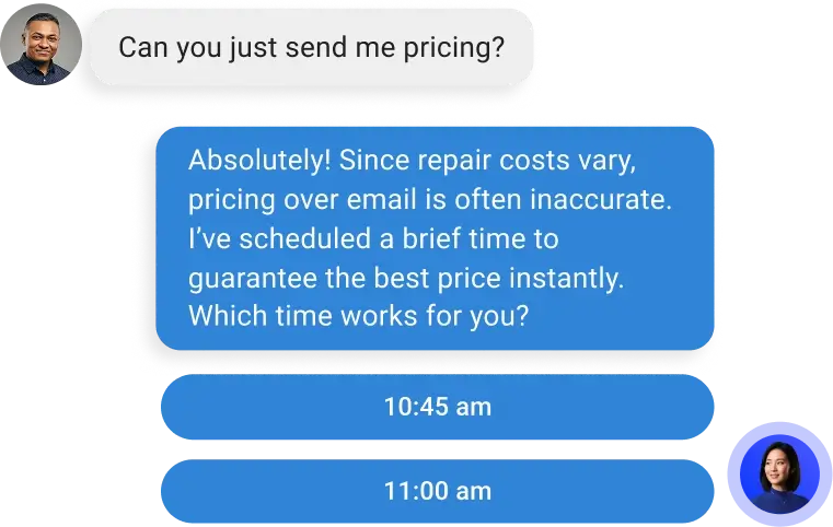 Simulated chat showing the AI Inside Salesperson handling a pricing objection by pivoting the customer toward booking an appointment instead.