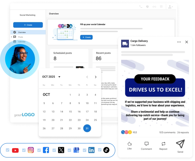 Social content calendar and scheduling interface showing an October 2025 month view with a Su-Sa day header, an avatar, and scheduled post tiles.