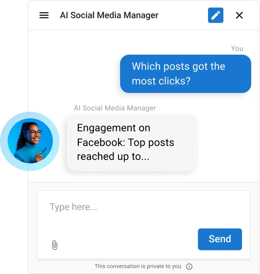 Conversational insights AI chat mockup of the AI Social Media Manager UI showing a user asking which posts got the most clicks and an AI answer about engagement on Facebook.