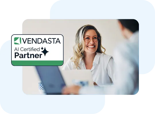 A Vendasta AI Certified Partner meeting with a local business owner, with the AI Certified Partner badge