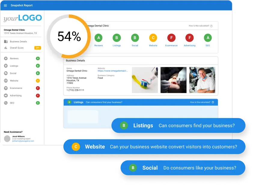 Mock Snapshot Report card showing a sample business name, score gauge, and a 24-hour AI lead-capture timeline