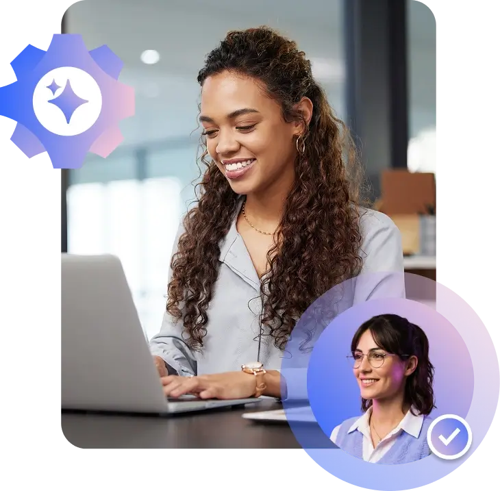 woman typing on her laptop with ai blogger headshot graphic