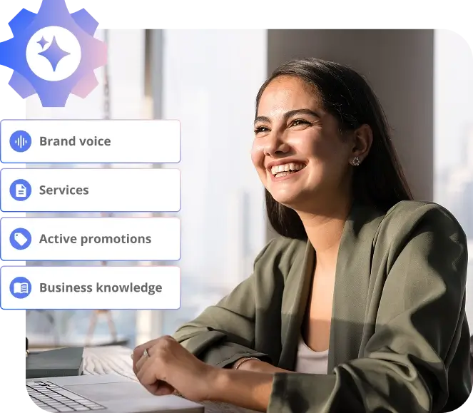 woman looking up from her laptop and smiling with ai blogger search authority words