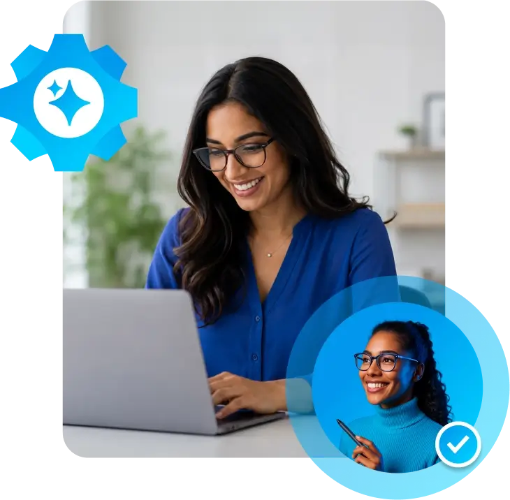 woman looking at her laptop with the ai social media manager headshot