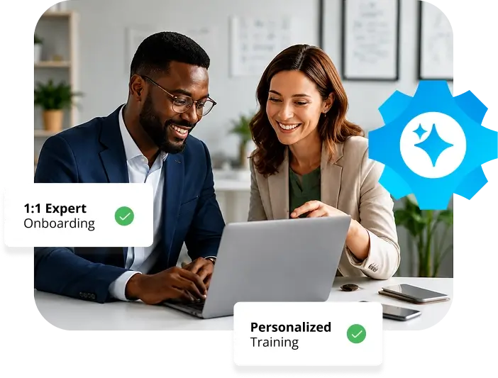 two people looking at a laptop with 1:1 expert onboarding and personalized training blurbs