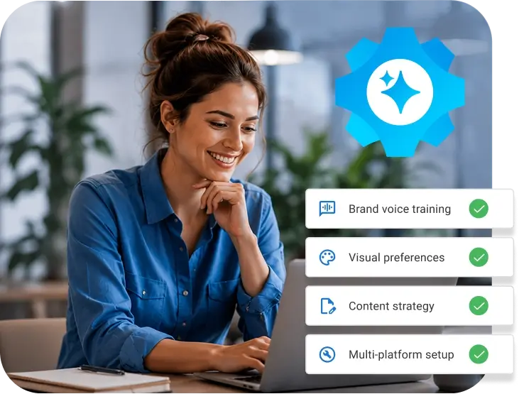 woman looking at her laptop with ai social setup strategy graphic