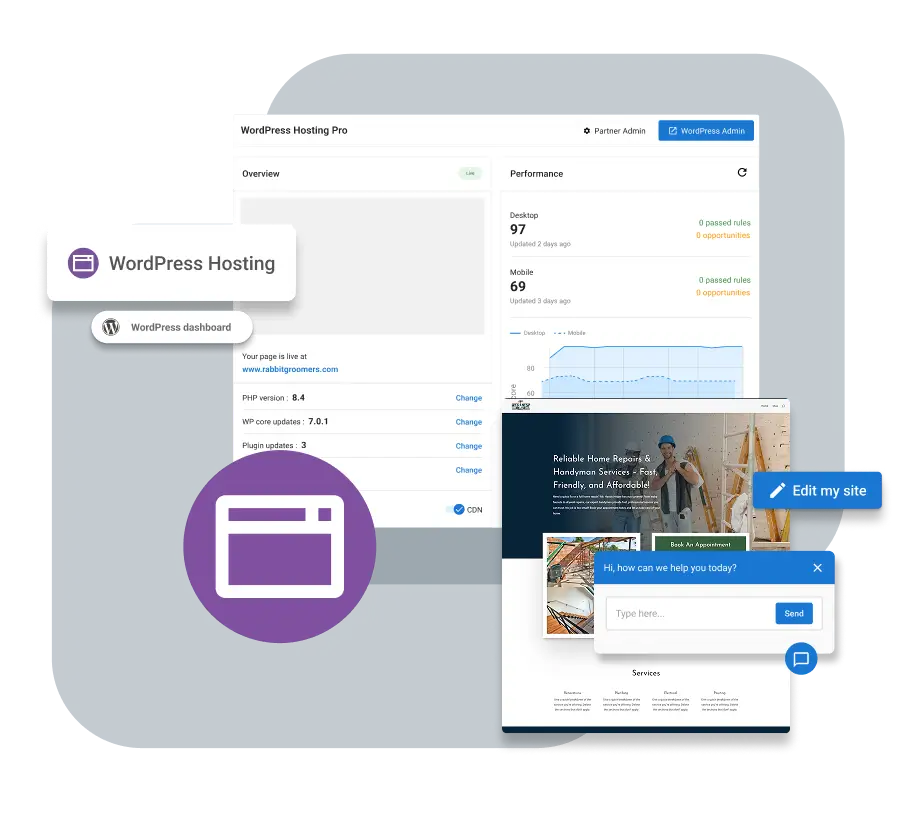 wordpress hosting dashboard example with performance scores