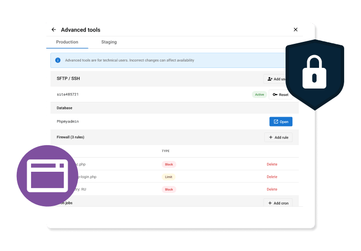 advanced tools page for production or staging site example