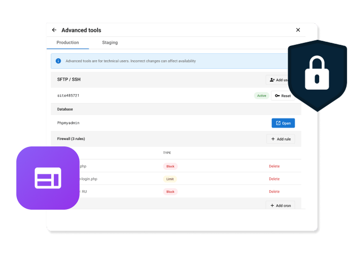 advanced tools page for production or staging site example
