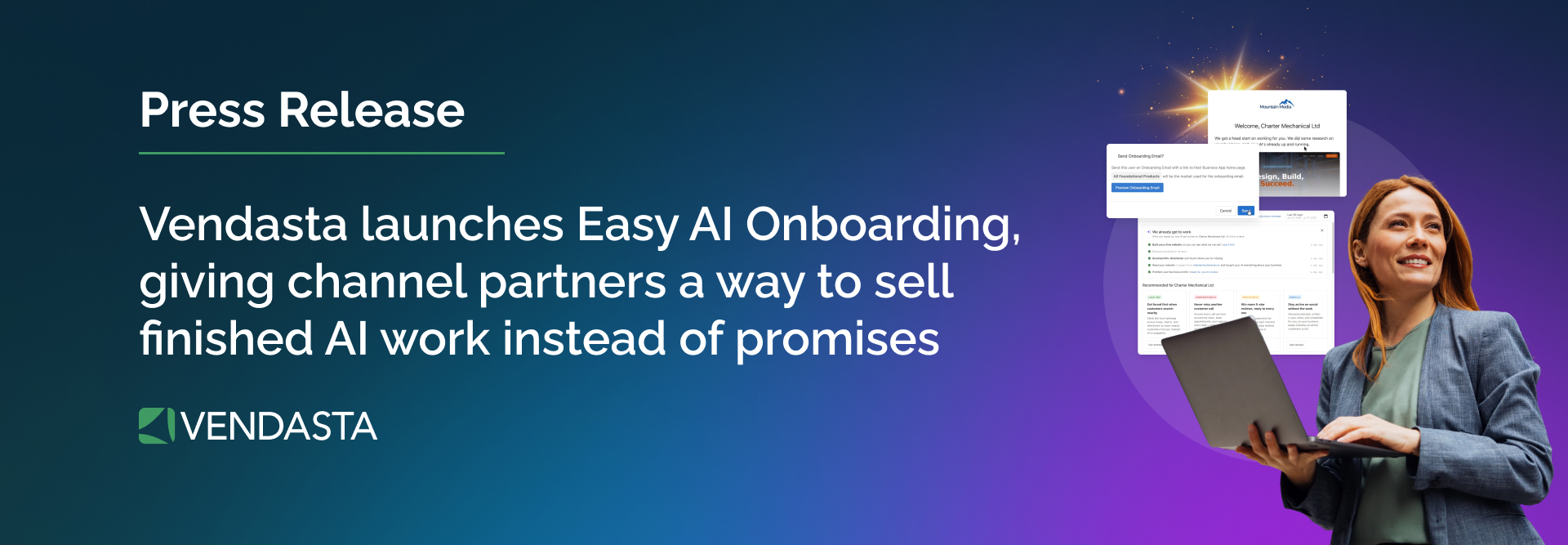 Press release image announcing that Vendasta has launced Easy AI onboarding