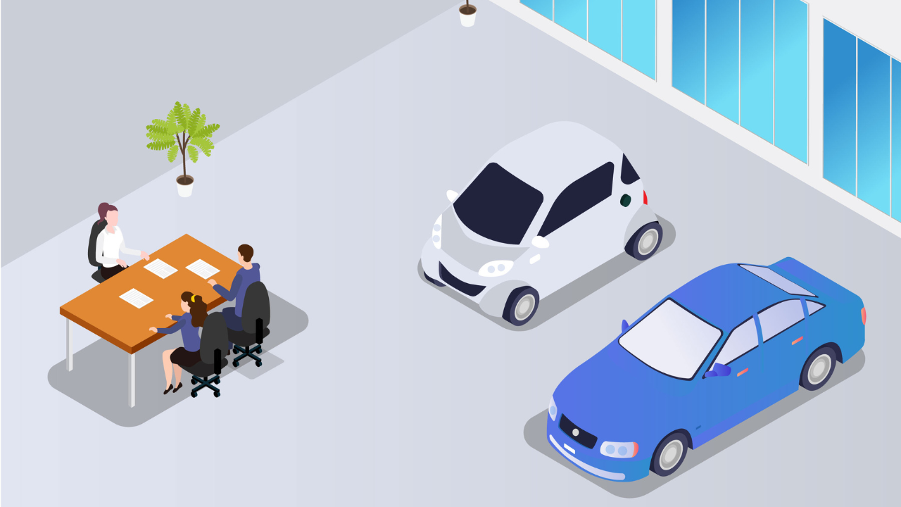 Couple talking with car showroom customer service stock illustration