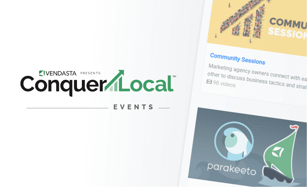 Conquer Local Events logo and the thumbnails for a few Conquer local webinars