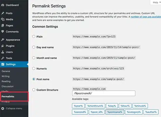Mock WordPress dashboard displaying Permalink Settings