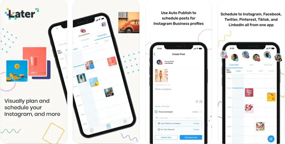 Promotional images for the instagram tool Later, including mockups to iPhones opened to different parts of the app.