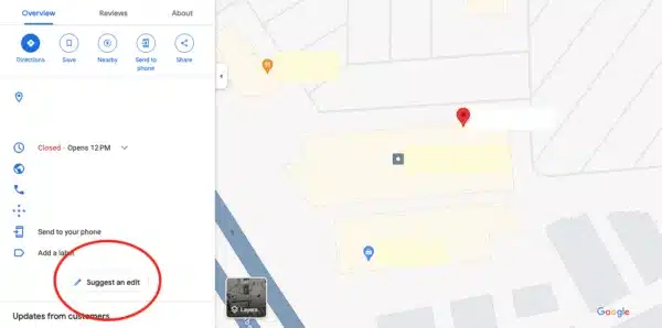 Screenshot of Google Maps with "suggest an edit" circled in red