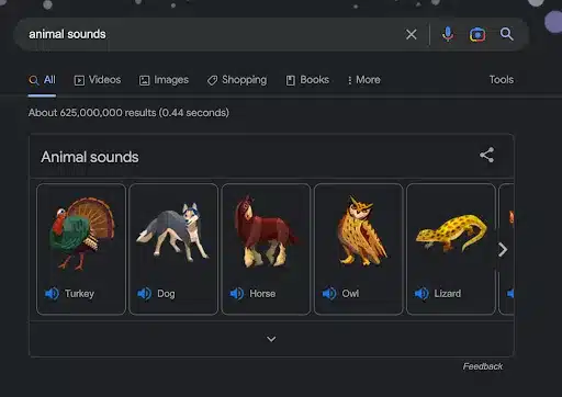 Screenshot of search result for “animal sounds” with turkey, dog, horse, owl and lizard illustrations in the search results.