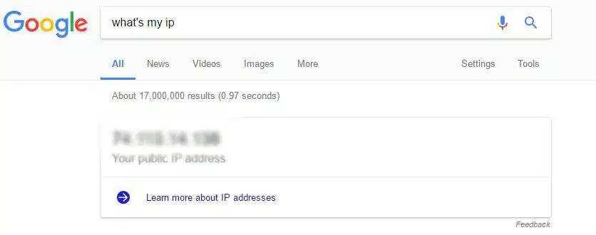 Screenshot of search result for the query “what’s my IP”