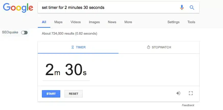 Screenshot of Google search for a timer with the built-in timer tool result.