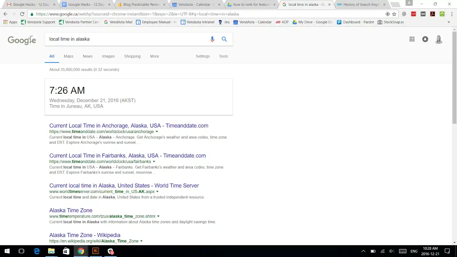 Screenshot of search result for “local time in Alaska”