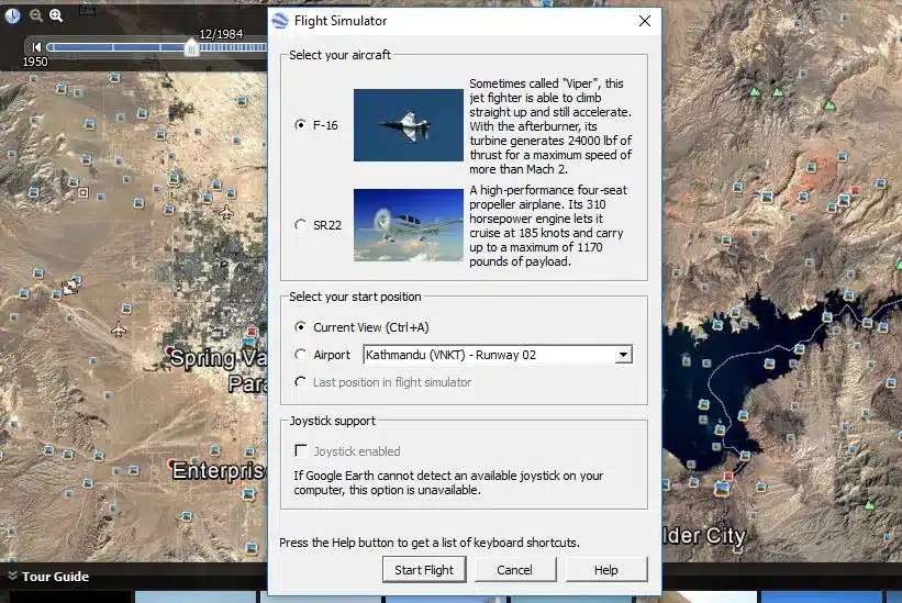 Screenshot of Google Earth’s flight simulator starting dialog box in which you can choose an aircraft and start position.