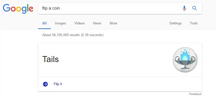 Screenshot of search result for “flip a coin”, with the built-in coin flip tool as a result.