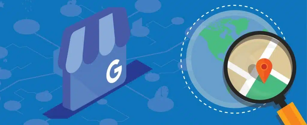 Graphic of a business location with a G on it, illustrating the Google Business Profile listing, and a magnifying glass zooming in on a globe.