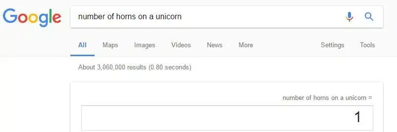 Screenshot of search result for “number of horns on a unicorn”, with the number 1 as a result.