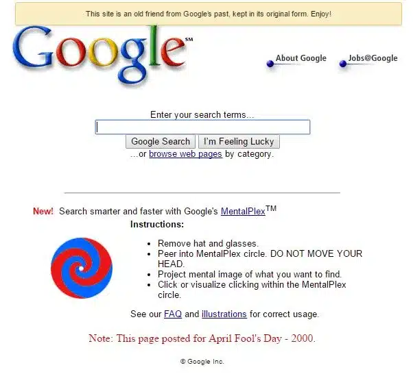 Screenshot of Google as it appeared on April Fool’s Day in 2000, with a spinning pinwheel and instructions to stare into it and think about what you want to search for.