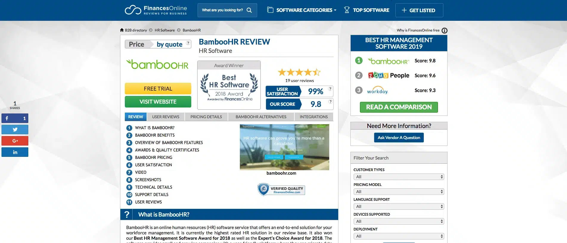 Screenshot of the FinancesOnline interface showcasing the BambooHR review page.