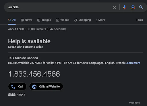 Screenshot of search result for the term “suicide”, with Google’s Canadian Talk Suicide Canada contact information as the result.