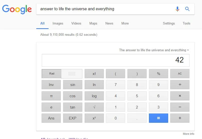 Screenshot of search result for “answer to life the universe and everything”, with a calculator displaying the number 42 as a result.