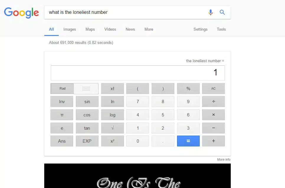 Screenshot of search result for “what is the loneliest number”, with the number 1 as a result.