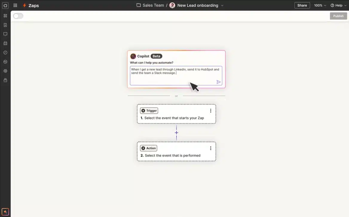 Automation setup screen with trigger and action options.