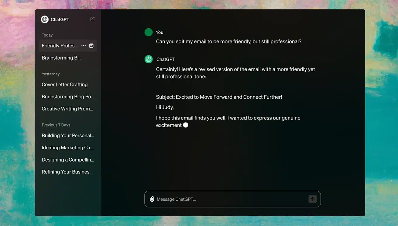 Chat interface discussing email tone improvement.