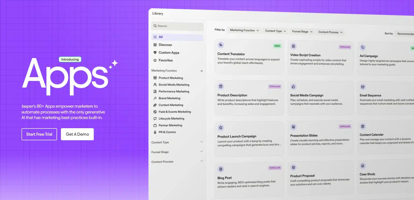Marketing apps dashboard with various content creation tools.