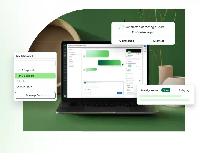 Laptop displaying support dashboard on green background.