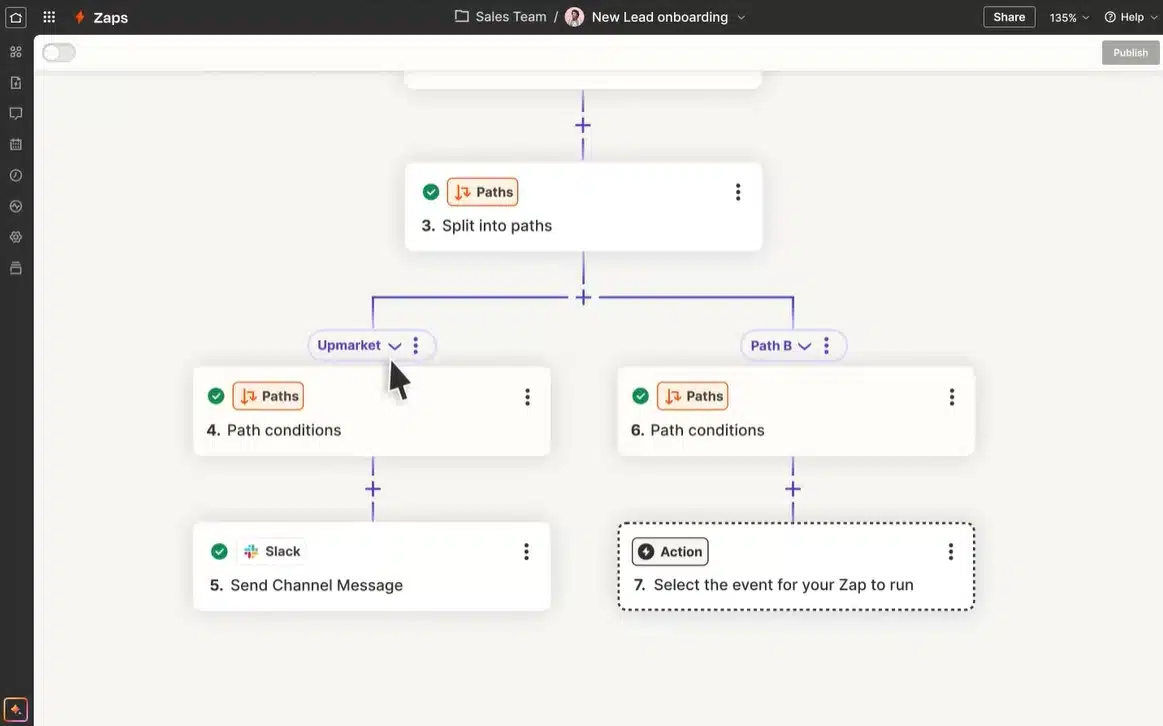 Flowchart illustrating path conditions and actions in automation.