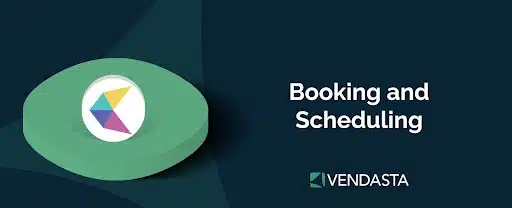 Reselling business ideas 13. A banner with a mix of round tokens representing products to bundle and the words “booking and scheduling.”