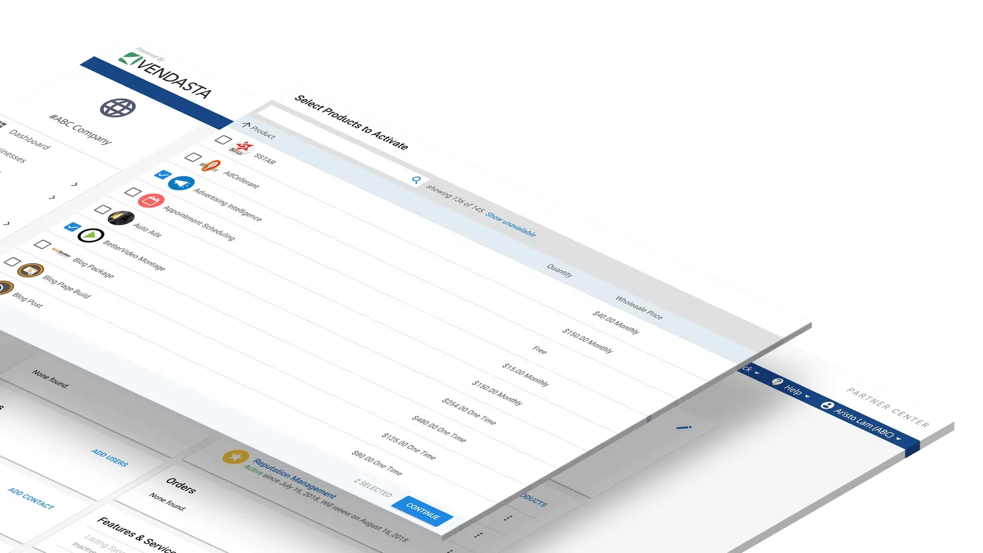 Vendasta SaaS platform product selection screen.